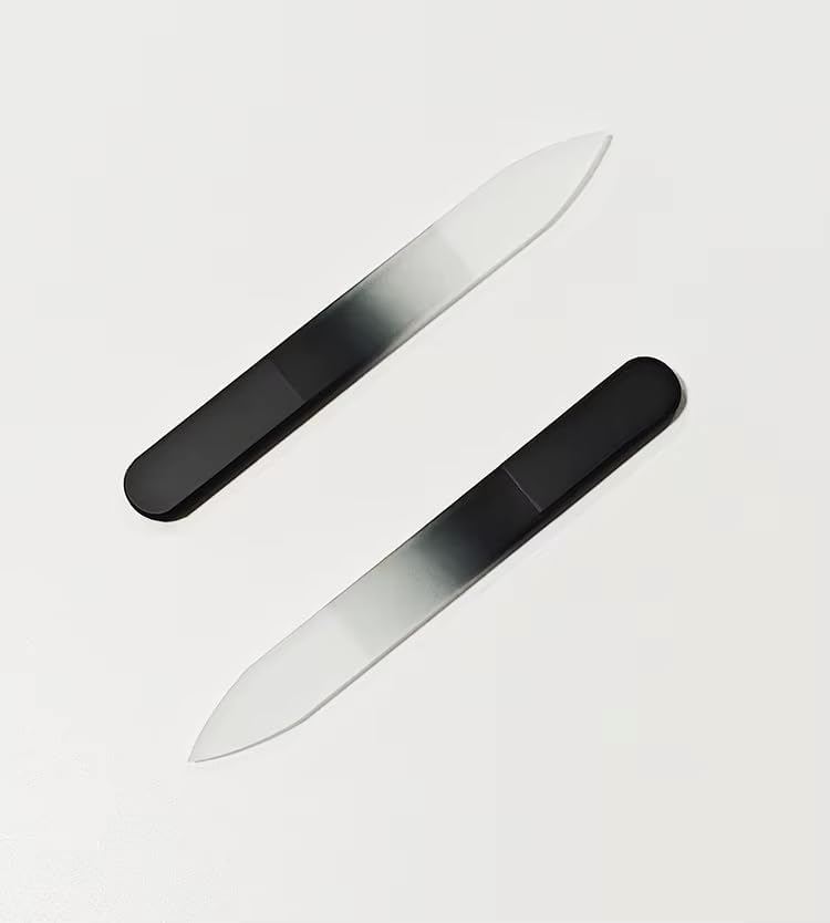 Glass Nail File Set - 3-Piece Crystal Files with Case | Includes Nail File, Cuticle Pusher & Buffer - Black Gradient