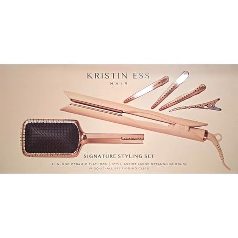 Kristin Ess Hair Styling Gift Set 3-in-1 Ceramic Flat Iron Bundle - 1.25inch Dual Voltage Ceramic Hair Straightener + Detangling Brush + Sectioning Clips - 4 Heat Settings 440 Degrees + Auto Shut Off