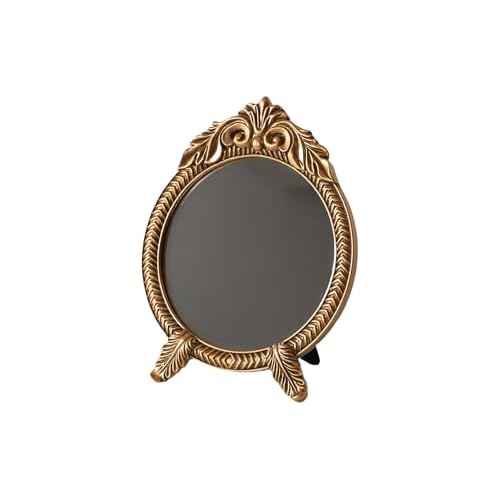 Small Round Gold Vintage Vanity Mirror ? 9.5" x 12.5" Small Baroque Desktop Mirror, Antique Freestanding Dressing Table Mirror for Bedroom, Living Room, and Countertop D?cor