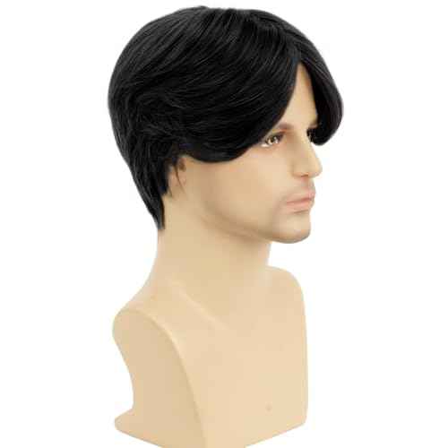 Mens Black Short Wig Middle Part Layered Straight Fluffy Hair for Male Daily Party Costume Cosplay Wear