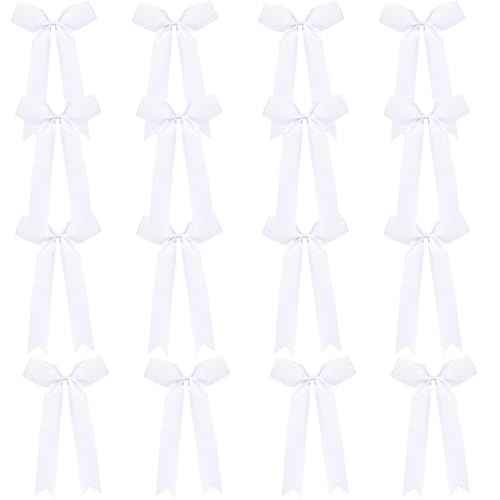 16Pcs Cheerleading Bows Long Tail Skinny Cheer Hair Bows Grosgrain Ribbon Elastic Bands Handmade Ponytail Holder for Cheerleading Girls School College Sports (Long White)