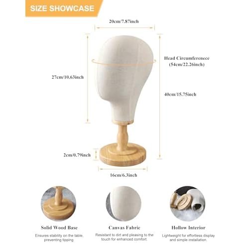 CHADWICK Wig Head Stand Mannequin Head Hat Display Stand Linen Wig Holder, Hat Rack Fabric Head, Canvas Dome + Detachable Wood Stand, Wig Display Model Head Wig Stand for Wigs, Hats, Caps, Headdress