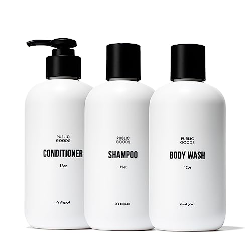 Public Goods Shower Essentials for Men and Women | Natural Shampoo, Conditioner & Body Wash | Made with Organic Essential Oils | Sulfate & Paraben Free | Vegan Friendly | 12 Fl Oz Bottles