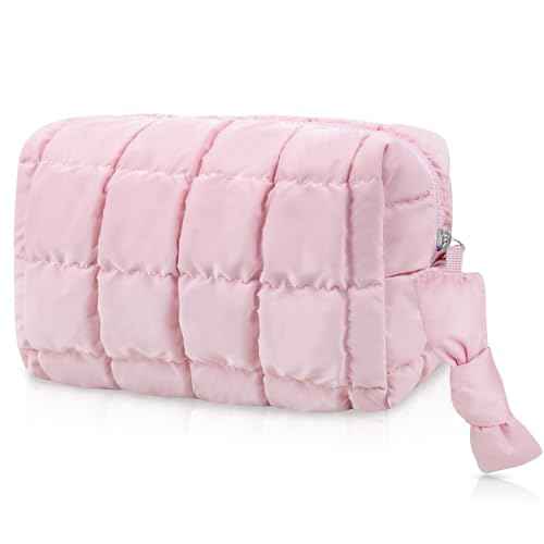 Puffy Quilted Makeup Bag, Cute Checkered Cosmetic Bags with Divider, Waterproof Travel Toiletry Bag, Make up Pouch for Women & Girls Travel Essentials (Bow, Pink, Medium)