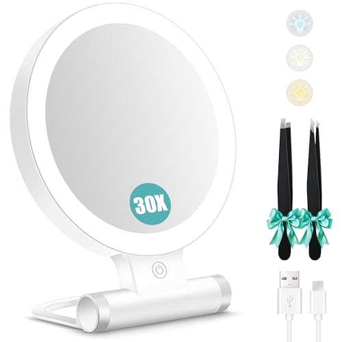 B Beauty Planet Magnifying Mirror with Light 30X, Double-Sided 1X/ 30X Magnifying Makeup Mirror with Tweezer, 2000mAh 3 Colour Modes with Adjustable Brightness,Foldable Travel Mirror(9" L x 7" W)