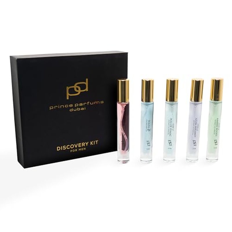Prince Parfums Dubai ? Men¡¯s Discovery Kit ? 5 Luxury Extrait de Parfum Sprays (10ml Each) ? Wafa, Majestic Oudh, Bois de Guaiac, Azura Bergamot & Amber Woods ? Long Lasting Cologne Gift Set for Him