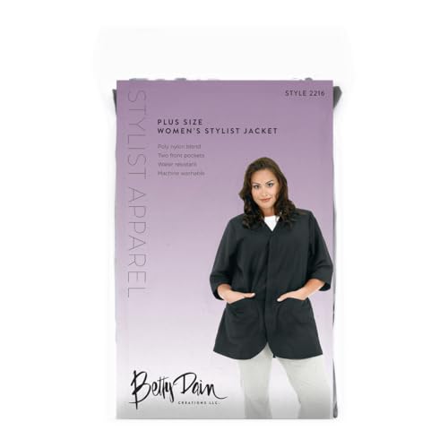 Betty Dain A Size Above Plus Size Salon Stylist Jacket, Cut for Curves, Three-quarter Length Sleeves, Button Down Front, Two Lower Front Pockets, Lightweight, Water Resistant Nylon/Poly, Black, 3X