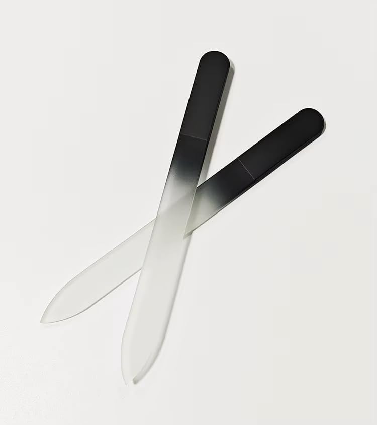 Glass Nail File Set - 3-Piece Crystal Files with Case | Includes Nail File, Cuticle Pusher & Buffer - Black Gradient