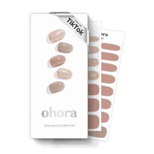 ohora Semi Cured Gel Nail Strips (N Carmel) - Nude, Glitter, Works with Any UV/LED Lamps, Salon-Quality, Long Lasting, Easy to Apply & Remove - Includes 2 Prep Pads, Nail File & Wooden Stick