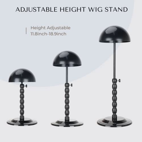 Wig Stand - Plastic Wig Stand 2 Packs Portable Foldable Wig Hat with Velvet Cover Holder Height Adjustable (12-18.8 Inches) Easy to Install Support Wig Display Stand (Black)