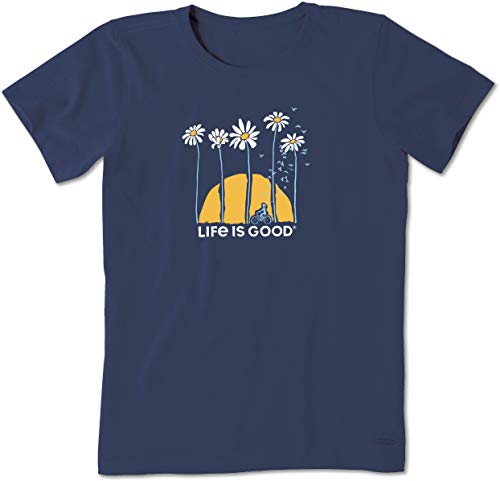 Life is Good Standard Crusher Tee, Short Sleeve Cotton Graphic T-Shirts, Towering Daisies Bike, Darkest Blue, X-Small