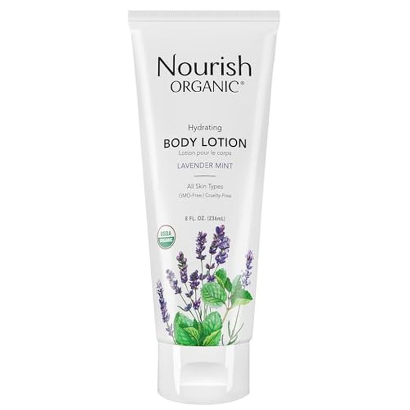 Nourish Organic Body Lotion, Lavender Mint ? Hydrating Body Lotion for Dry Skin with Certified Organic Aloe Vera, Shea Butter, Coconut Oil & Cocoa Butter (8 Oz) + Washable Cotton Round