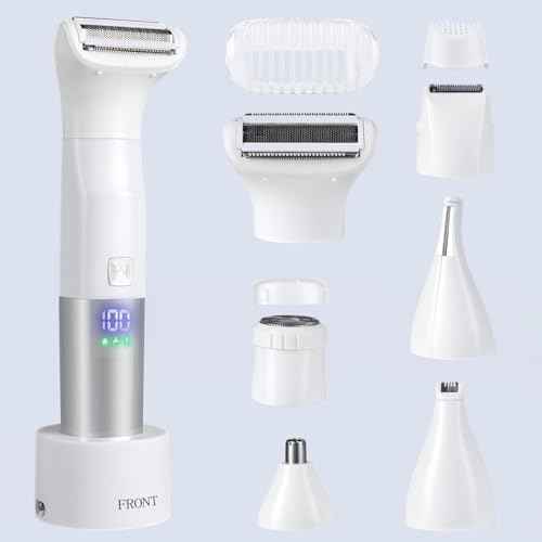 Bikini Trimmer for Women, 6-in-1 Body Hair Trimmer, Facial & Pubic Hair Removal, IPX7 Waterproof Wet & Dry Grooming Electric Shaver Kit,Cordless Travel Razor with USB Charging Dock