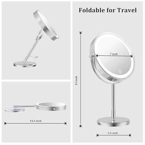 7¡± Magnifying Mirror with Lights,1X/10X Double Sided Lighted Makeup Mirror with Magnification, Rechargeable Battery, Dimmable, 3 Lighting Colors, Chrome