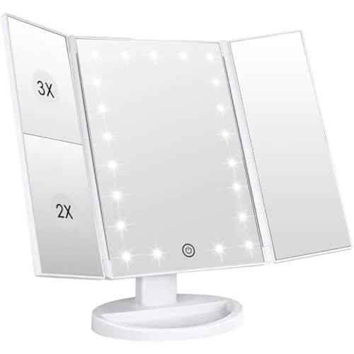 WEILY Makeup Vanity Mirror with 21 LED Lights and Touch Screen, Tri-Fold 1x 2X 3X Magnification,180¡Æ Adjustable Rotation and USB Powered,Countertop Cosmetic Mirror (White)