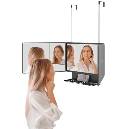 Dripex 3 Way Mirror with Storage Shelf, Trifold Self Haircut 360¡Æ Barber Mirror with Height Adjustable Hooks for Makeup, Styling, Shaving, Braiding, Dye Hair