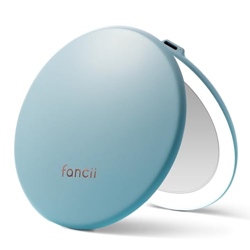 Fancii Taylor Rechargeable Compact Makeup Mirror with LED Lights, 10x /1x Magnifying, 3 Light Settings, Large 5¡± Wide | Travel Mirror for Purses (Soft Sky)