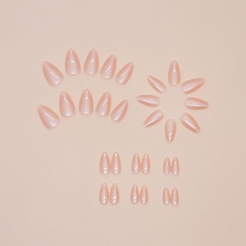 Almond Press On Nails - Chrome Designs, Glossy Glue On, Light Pink, 30 Pcs
