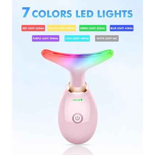 Red-Light-Therapy-for-Face-and-Neck, 7 Color Face Massager Tool for Wrinkles, Double Chin, Vibrating Facial Massager with Thermals for Skin Care, Glossy Pink