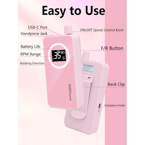 Nail Drill, Portable Electric Nail File 50000RPM, Rechargeable Nail Drill Professional with Bits for Acrylic Gel Nails, E-File Machine Manicure Polishing for Salon Home,Pink