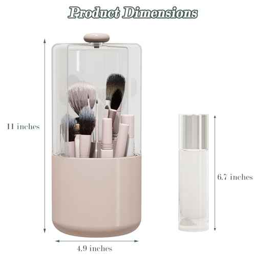 Makeup Brush Holder with Dustproof Cover, Clear 360 Rotating Make Up Brushes Organizer for Counter Vanity Bathroom, Pink