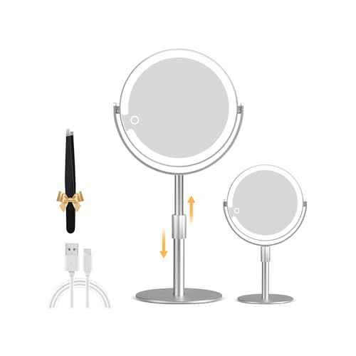 Magnifying Mirror with Light 20X, Height-Adjustable Lighted Makeup Mirror with Magnification, Double-Sided Aluminum Alloy LED Mirrors, 3 Lighting Modes Ideal for Bathroom Make-up, Silver