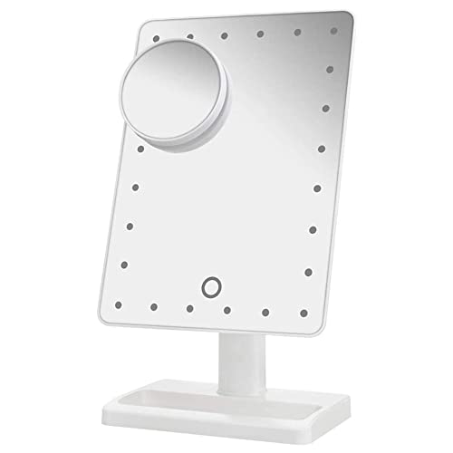 Waneway Large Lighted Makeup Vanity Dressing Table Mirror with 24 LED Light, Illuminated Tabletops Cosmetic Mirror, with 10x Magnification Detail Mirror and Dimmer Switch, Battery Operated, White