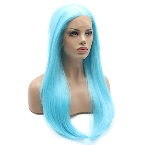 Lushy Straight Long Light Blue Wig Half Hand Tied Heat Resistant Heavy Density Synthetic Lace Front Wig