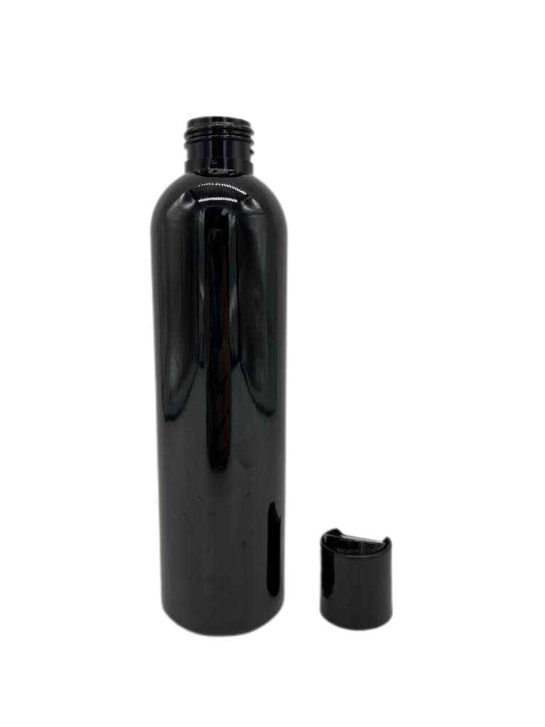 Natural Farms 8 oz Black Cosmo Plastic Bottles -12 Pack Empty Bottle Refillable - BPA Free - Essential Oils - Aromatherapy | Black Press Down Disc Cap - Made in the USA