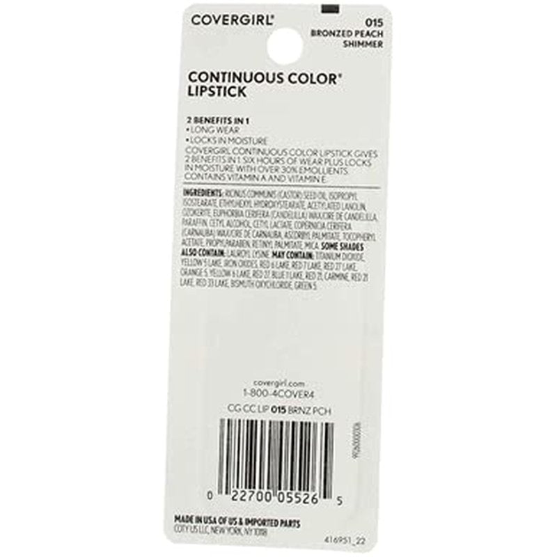 CoverGirl Continuous Color Lipstick - Bronzed Peach | Long-Lasting, Moisturizing Formula, 0.13 oz (Pack of 3)