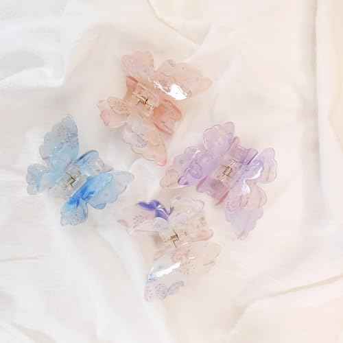 Fantasy Gradient Color Double Layered Butterfly Hair Clips, Medium Acrylic Claw Clips for Thick Thin Hair, Non-Slip Butterfly Jaw Clips, Beautiful Hair Accessories for Girls and Women (Jelly double)