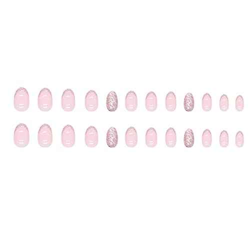 Short Almond False Nails French Press on Nails Bling Fake Nails Acrylic Glossy Cute Nails Tips for Women and Girls 24PCS