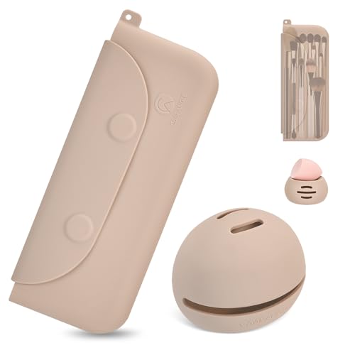 Silicone Makeup Brush Holder And Beauty Sponge Case, Travel Makeup Brush Case With Magnetic Closure, Makeup Sponge Holder 2 In 1 Stand Storage For Quick Drying Khaki