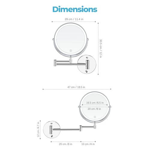 Fab Glass and Mirror Rechargeable 8" Lighted Vanity Makeup Mirror, Dual-Sided 1X/10X Magnification with 3 Color LED Touch Control, Dimmable & Rotating Wall Mounted Design (Black)