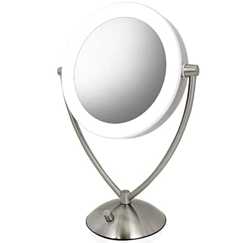 Ovente Lighted Tabletop Makeup Mirror 9.5 Inch LED Dimmable 1X 5X Magnifier 360 Adjustable Double Sided Battery USB Operated Bedroom Lamp Vanity Cosmetic Professional Large Nickel Brushed MLT45BR1X5X