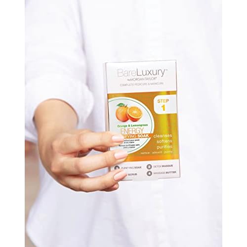 Morgan Taylor BareLuxury 4-Step Complete Pedicure & Manicure Packs - Complete Nail Care Kit with Soak, Masque, Scrub & Massage Butter, Professional Spa-Quality Treatments (Energy Orange & Lemongrass)