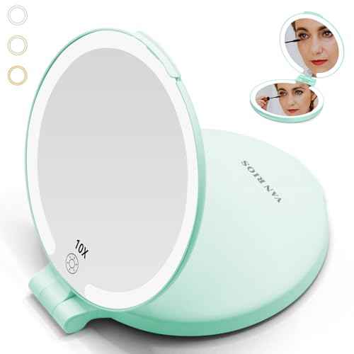 6.3 Inch Rechargeable Folding 10x Magnification Double Sided Makeup Mirror with Lights, Portable Travel Mirror for Women with Nearsightedness | Travel Essentials for Women