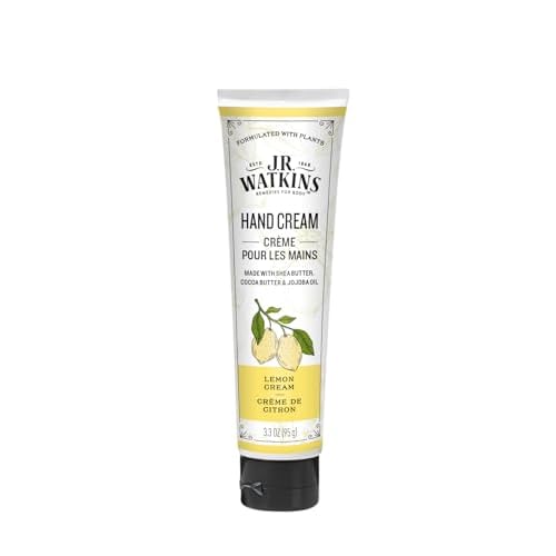 J.R. Watkins Natural Moisturizing Hand Cream, Hydrating Hand Moisturizer with Shea Butter, Cocoa Butter, and Avocado Oil, USA Made and Cruelty Free, 3.3oz, Lemon Cream, Single
