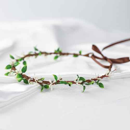 Handmade White Flower Crown Fairy Wreath Women Girls Flower Headband for Bridal Weeding Headdress Fairy Green Leaf Headpiece Cosplay Photo Prop