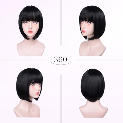Black Bob Wigs for White Women - 12'' Short Bob Wigs With Bangs Natural Fashion Synthetic Wig Colorful Synthetic Hair for Daily Cosplay Halloween
