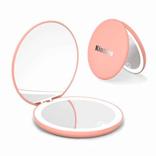 Kintion Travel Mirror with Light, 1X/10X Magnification Compact Mirror, 4" Rechargeable LED Purse Mirror, Dimmable 3 Color Temperature, Portable Lighted Pocket Mirror, Pink