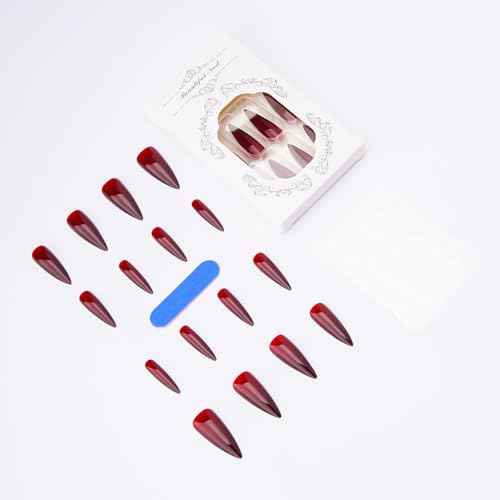 Long Almond Nails Halloween Press on Nails Extra Long Fake Nails Dark Red Press ons Glossy False Nails Cover Stick on Nails for Women Halloween Nail 24Pcs