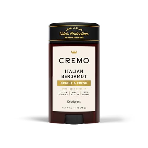 Cremo Italian Bergamot Aluminum Free Deodorant for Men, 48-hour Long Lasting Odor Protection, 2.65oz