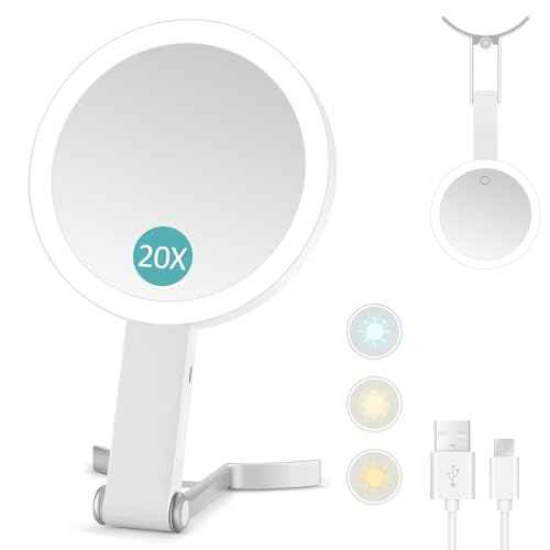 MIYADIVA Magnifying Mirror with Light,20X Magnifying Makeup Mirror with Handheld,Travel Mirror with Lights and Magnification,3 Colors Desktop Mirror and Wall Mirror,Vanity Mirror with Lights 6 Inches