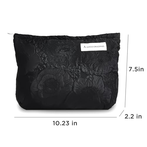 Makeup Bag Cosmetic bag Preppy Embroidery Canvas Toiletry Bag for women Cute zipper pouch Organizer Travel accessories (Pure Black Embossing, Large)