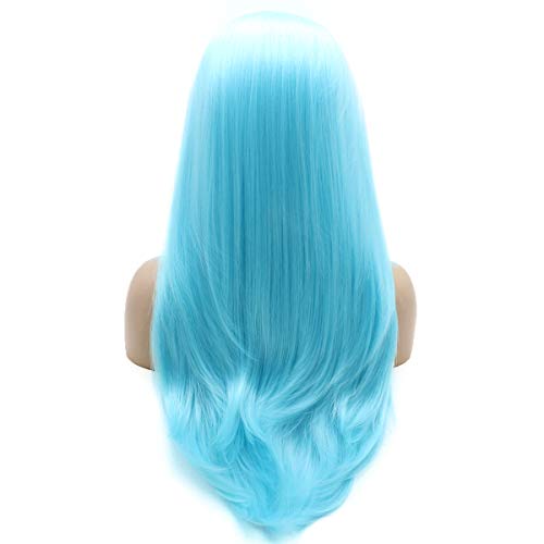 Lushy Straight Long Light Blue Wig Half Hand Tied Heat Resistant Heavy Density Synthetic Lace Front Wig