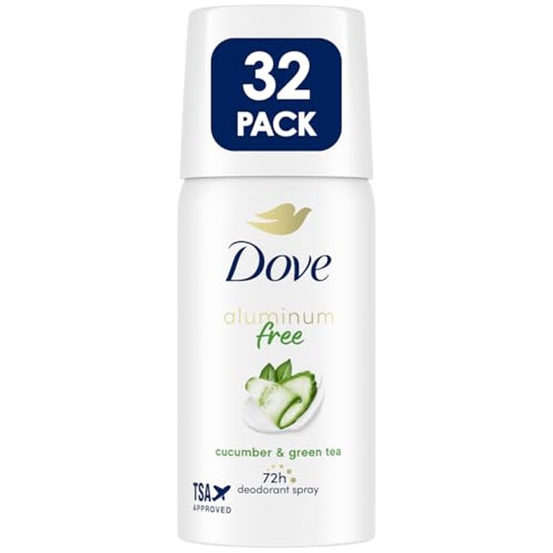 Dove Aluminum-Free Deodorant, Travel-Size Spray 32-Pack ? Cucumber & Green Tea, 1.1 Oz Ea