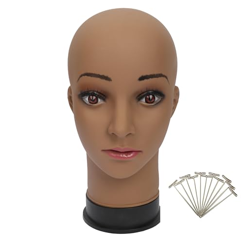 BHD BEAUTY Bald Mannequin Head Brown Female Professional Cosmetology for Wig Making, Display wigs, eyeglasses, hairs with T pins 22''