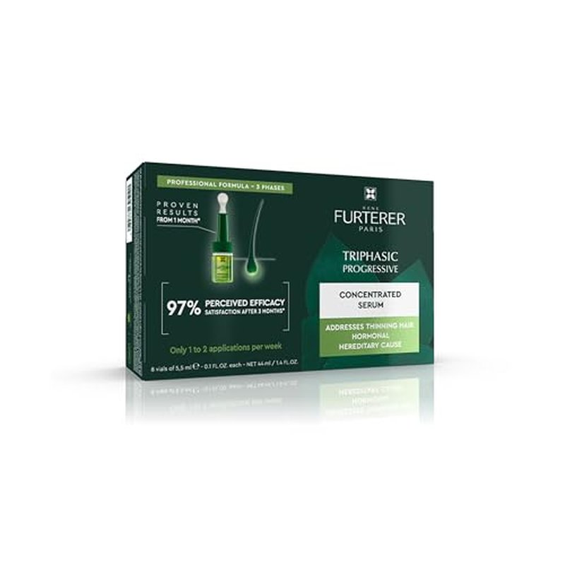 Rene Furterer Triphasic Progressive Concentrated Serum for Hereditary, Hormonal Thinning Hair - Drug-Free - Receding Hairline - Leave-In - Sulfate, Paraben, Silicone-Free - 8 ct., 30-Day Supply