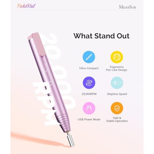 MelodySusie Electric Nail Drill, PC100G PocketNail USB Portable Nail File for Beginner, Pen-Shaped Compact Efile Machine for Acrylic Gel Polishing Manicure Pedicure Tool with Drill Bits Sanding Bands